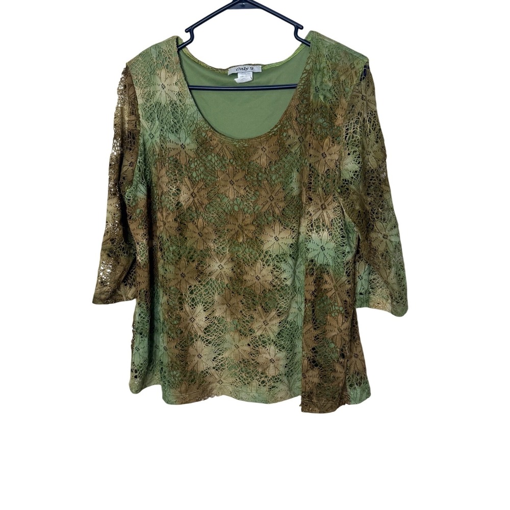 Only 9 Womens 1X Green Brown Floral Lace 3/4 Sleeve Lined Blouse USA